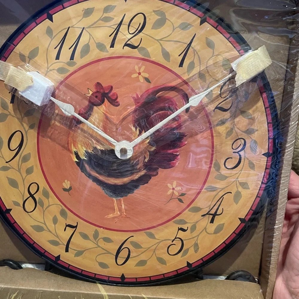 French Country Rooster Wall Clock Rich Gold/orange/ Black/metal stand NEW in Box